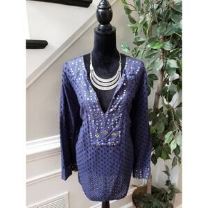 Denim 24/7 Tunic Top Women 24W Navy Blue Eyelet Embellished Boho Festival Chic